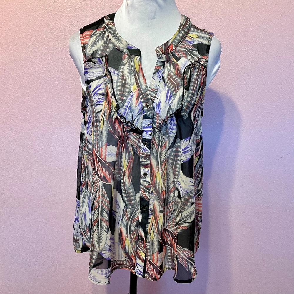 Weavers Feather Print Sheer Sleeveless Button Down